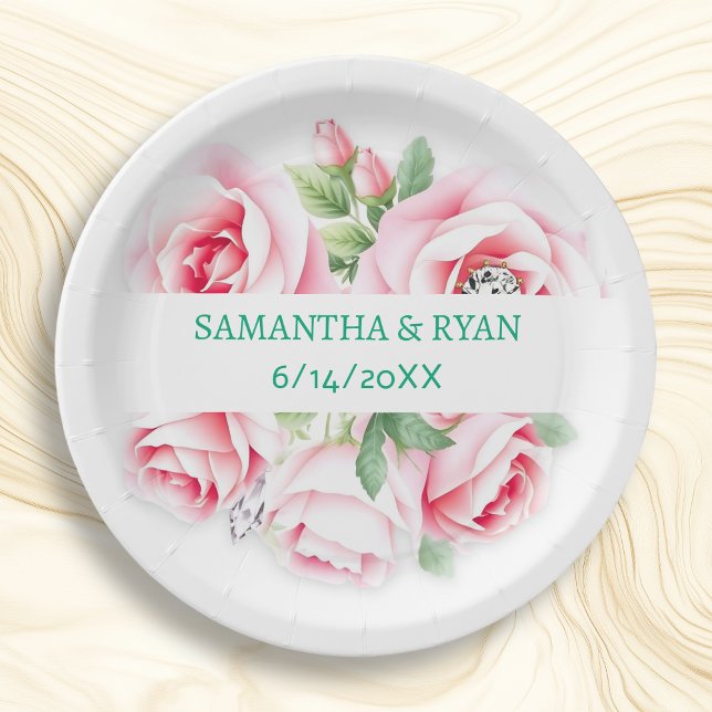 Pink Roses & Green Foliage Wedding Personalised Paper Plate (Creator Uploaded)