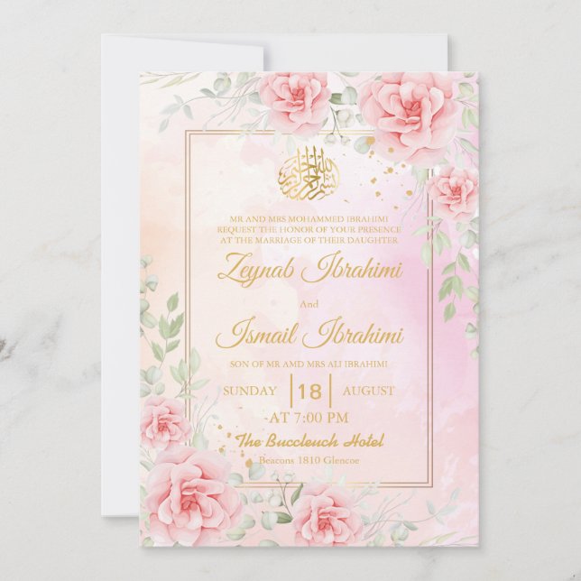 Pink Roses, Green Leaf Gold Islamic Muslim Wedding Invitation (Front)