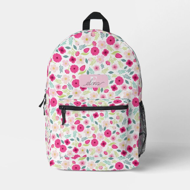 Pink Roses Green Leaves Botanical Personalised Printed Backpack (Front)