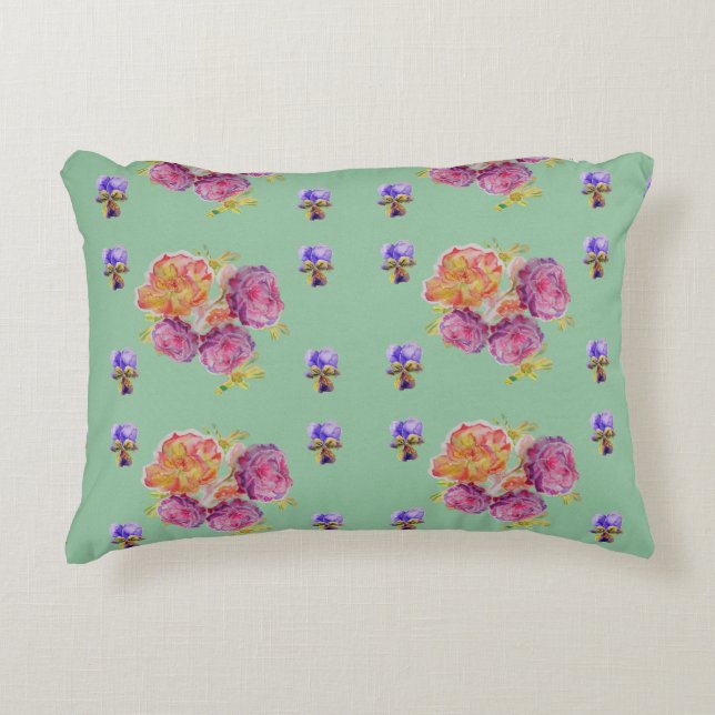 Pink Roses Green Shabby floral Decor Cushion (Front)