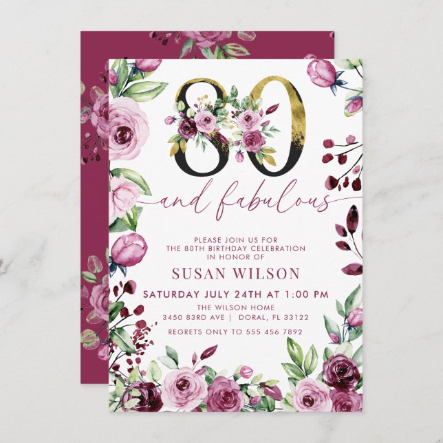 Pink Roses Greenery | 80th Birthday Invitation (Front/Back)