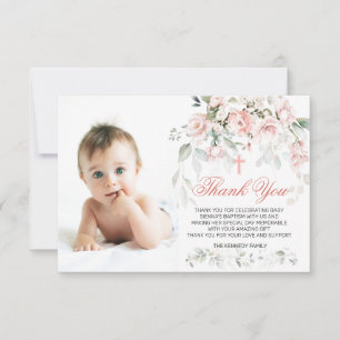 Pink Roses Greenery Baptism Photo Flat Thank You  Card