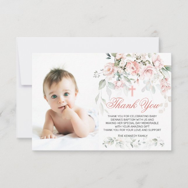 Pink Roses Greenery Baptism Photo Flat Thank You  Card (Front)