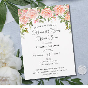 Pink Roses Greenery Brunch Bubbly Bridal Shower Invitation