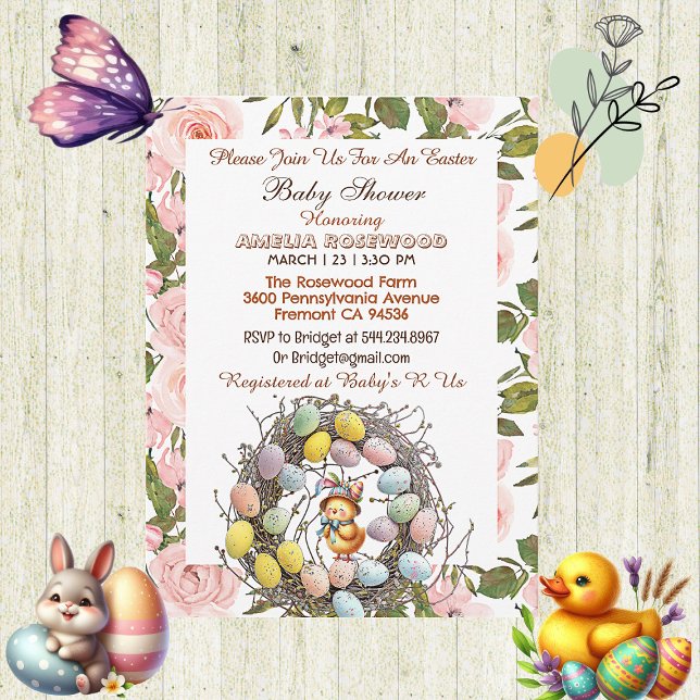 Pink Roses Greenery Easter Eggs Nest Chick Floral  Invitation (Pink Roses Greenery Easter Eggs Nest Chick Floral Invitation)
