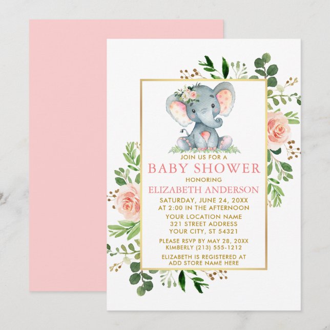 Pink Roses Greenery Elephant Baby Shower Gold Invitation (Front/Back)