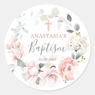 Pink Roses Greenery Foliage Baptism Classic Round Sticker
