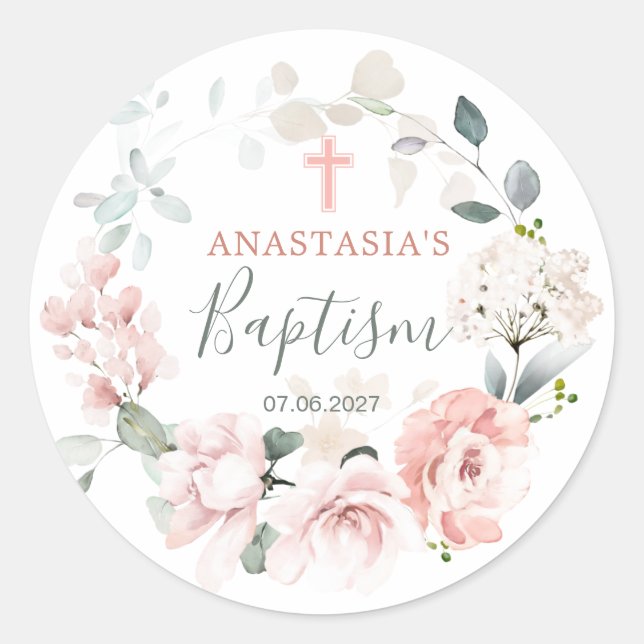 Pink Roses Greenery Foliage Baptism  Classic Round Sticker (Front)