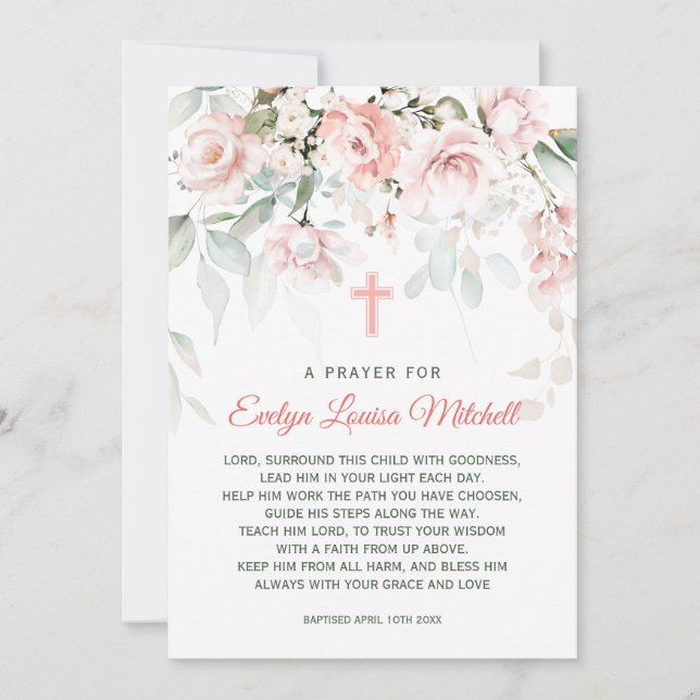 Pink Roses Greenery Foliage Baptism Prayer  Invita Invitation (Front)