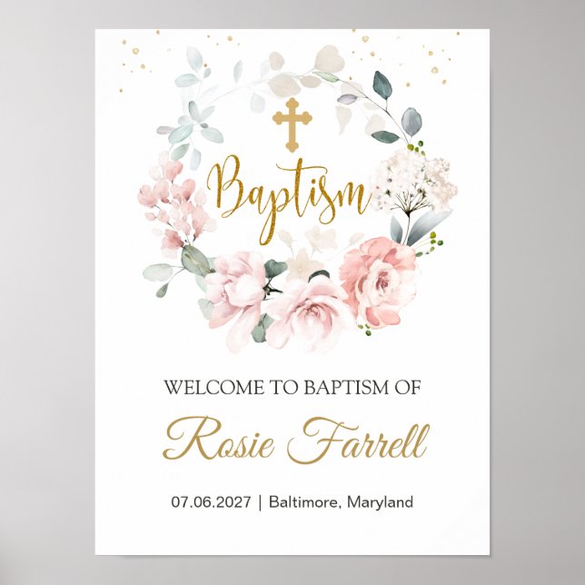 Pink Roses Greenery Foliage Baptism sign (Front)