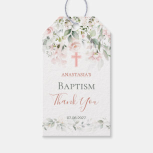 Pink Roses Greenery Foliage Cross Baptism Gift Tags