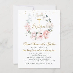 Pink Roses Greenery Foliage Cross Baptism Invitation