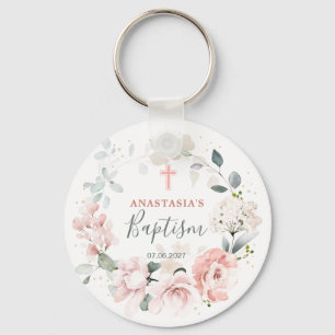 Pink Roses Greenery Foliage Cross Baptism  Key Ring