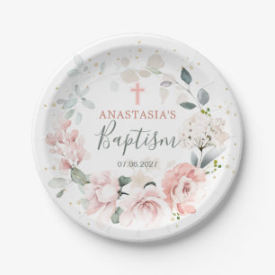 Pink Roses Greenery Foliage Cross Baptism Paper Plate