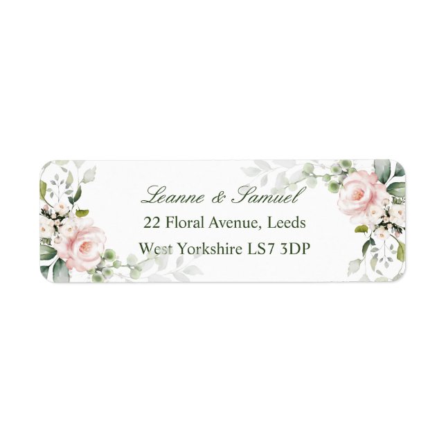 Pink Roses Greenery Foliage return address Label (Front)