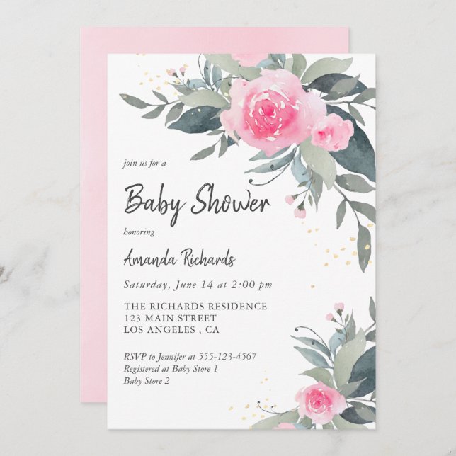 Pink Roses Greenery Girl Baby Shower Invitation (Front/Back)