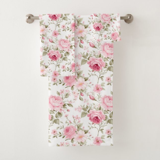 Pink Roses Greenery Shabby Chic Bath Towel Set (Insitu)