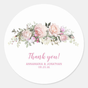 Pink Roses & Greenery Wedding Thank You Classic Round Sticker