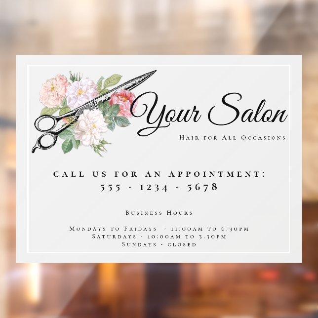 Pink Roses Hair Salon Opening Hours Light Grey Window Cling (Sheet 2)