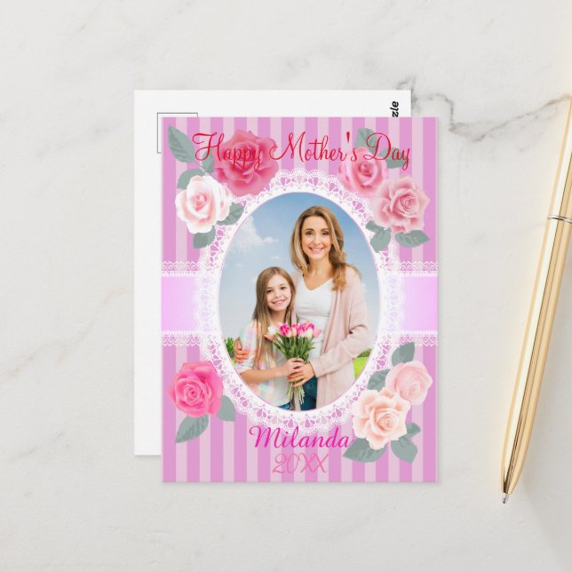 Pink Roses Happy Mother’s Day Postcard (Front/Back In Situ)