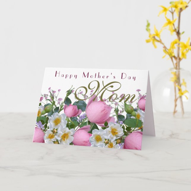 Pink Roses Happy Mothers Day Mum Card (Yellow Flower)