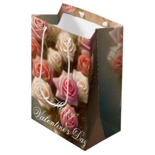 Pink roses heart bouquet valentine  medium gift bag
