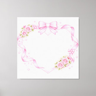 Pink Roses Heart Frame Bow Ribbon Floral Border Canvas Print