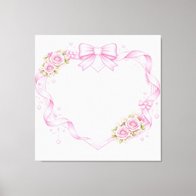 Pink Roses Heart Frame Bow Ribbon Floral Border Canvas Print (Front)