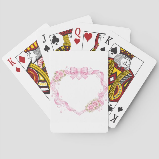 Pink Roses Heart Frame Bow Ribbon Floral Border Playing Cards (Back)