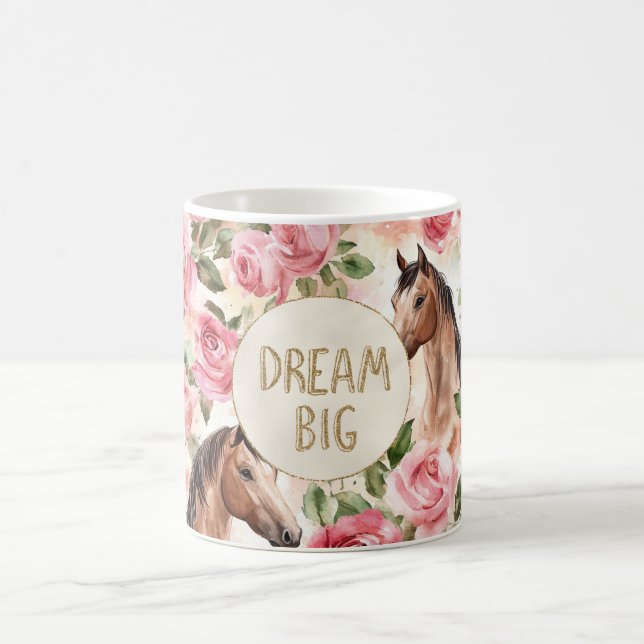Pink Roses Horses Gold Glitter Dream Coffee Mug (Center)