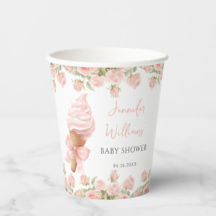 Pink Roses Ice Cream Bow Summer Baby Girl Shower Paper Cups
