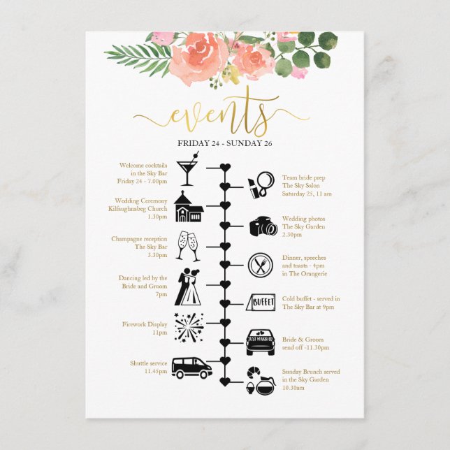 Pink Roses Illustrated Wedding Guest Welcome Advice Card (Front)