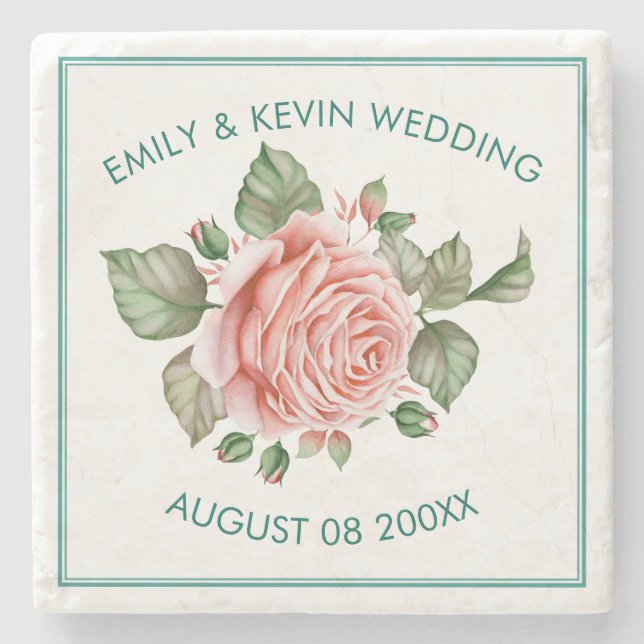 Pink Roses Illustration Wedding Template Stone Coaster (Front)