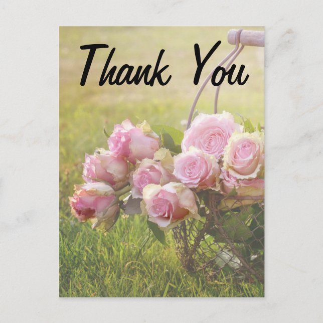 Pink Roses In A Basket Wedding Thank You Postcard (Front)