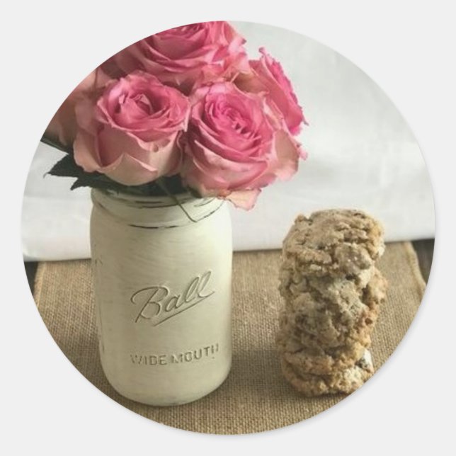 Pink Roses in a Canning Jar and Cookies Classic Round Sticker (Front)