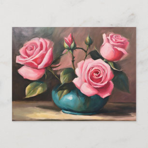 Pink Roses in Blue Vase Still Life Illustration Postcard