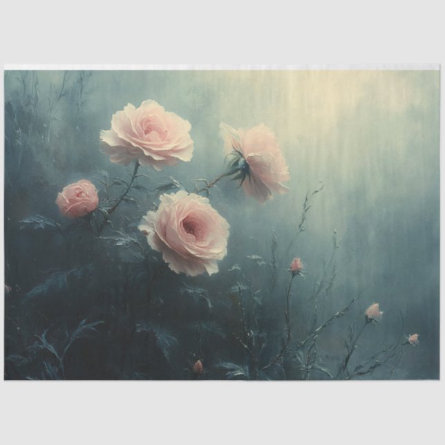 Pink Roses in the Mist Moody Decoupage Tissue Paper (Front)