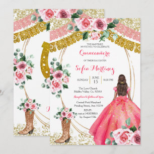 Pink Roses Invite - White Mexican Girl 15 Birthday