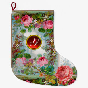 PINK ROSES ,JASMINES FLORAL RED GEMSTONE MONOGRAM LARGE CHRISTMAS STOCKING