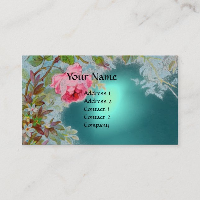 PINK ROSES & JASMINES MONOGRAM GEM STONE teal blue Business Card (Front)