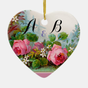 PINK ROSES & JASMINES MONOGRAM Wedding Souvenir Ceramic Tree Decoration