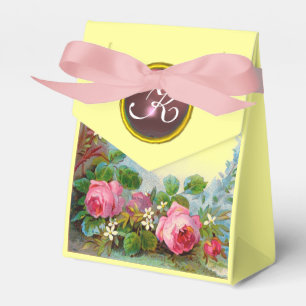 PINK ROSES ,JASMINES WEDDING GEM MONOGRAM Yellow Favour Box