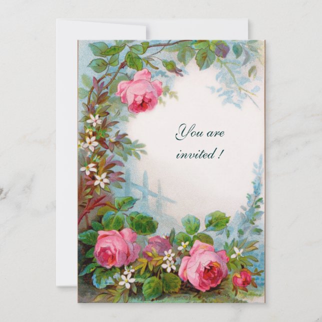 PINK ROSES & JASMINES White Champagne Metallic Invitation (Front)