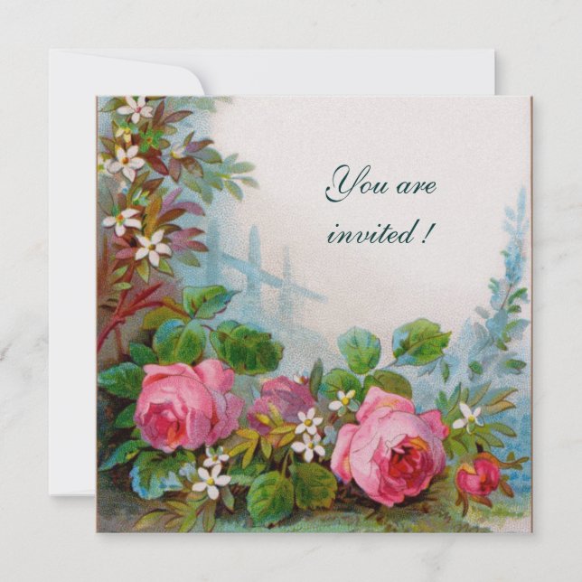 PINK ROSES & JASMINES  White Ice Metallic Invitation (Front)