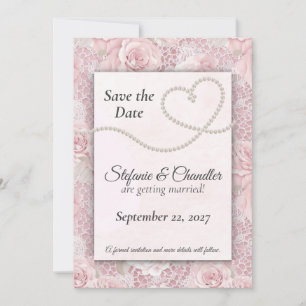Pink Roses, Lace and Pearls Save the Date Invitation
