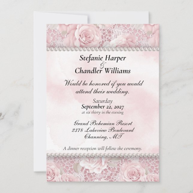 Pink Roses, Lace and Pearls Wedding Invitation (Front)