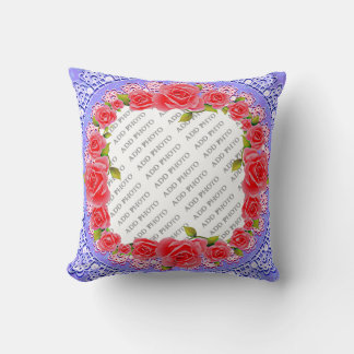 Pink Roses, Lace, Blue Background Add Photo Pillow
