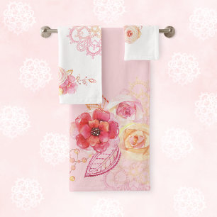 Pink Roses Lace Floral Bath Towel Set