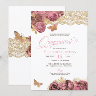 Pink Roses & Lace Gold Butterfly Quinceañera Invitation
