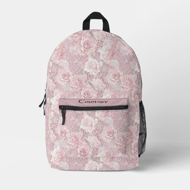Pink Roses & Lace Wedding Printed Backpack (Front)